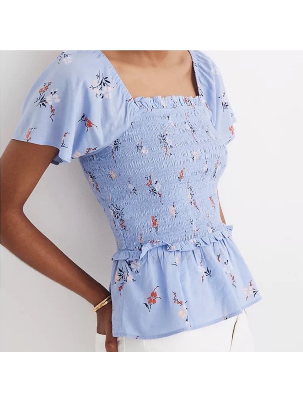 Madewell Blue Floral Smocked Flutter Sleeve Top Women’s Small